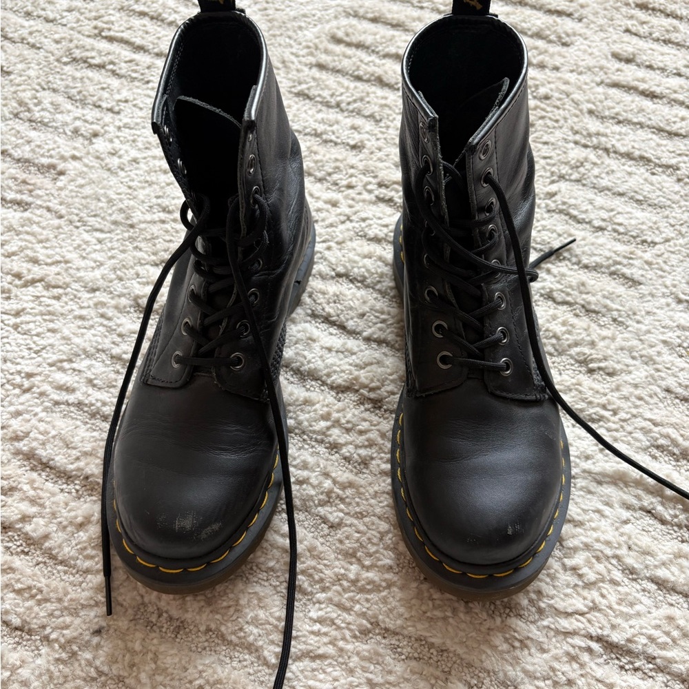 Black Leather Lace-Up Boots with Yellow Stitching